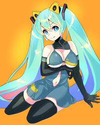 Rule 34 | 1girl, absurdres, akai kuro, animal ears, arm support, black gloves, black thighhighs, blue bra, blue dress, blue eyes, blue hair, blush, bra, breasts, cat ears, cleavage, clothing cutout, dress, gloves, hair ornament, hatsune miku, highres, large breasts, long hair, looking at viewer, navel, navel cutout, orange background, sitting, smile, thighhighs, tongue, tongue out, twintails, underwear, vocaloid