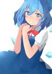 Rule 34 | 1girl, absurdres, blue dress, blue eyes, blue hair, blush, bow, cirno, dress, grin, hair between eyes, hair bow, highres, ice, ice wings, looking at viewer, mizune (winter), puffy short sleeves, puffy sleeves, red ribbon, ribbon, short hair, short sleeves, smile, solo, teeth, touhou, wings