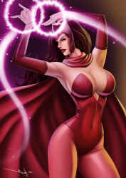 Rule 34 | 10s, 1girl, armpits, avengers (series), bodysuit, breasts, brown hair, cape, cleavage, elbow gloves, gloves, glowing, helmet, huge breasts, iury padilha, leotard, long hair, marvel, pantyhose, red leotard, scarlet witch, solo, wanda maximoff, x-men
