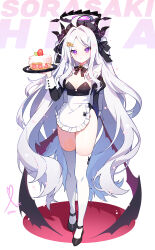 Rule 34 | 1girl, ahoge, alternate costume, apple caramel, apron, black footwear, black horns, black wings, blue archive, blush, breasts, cake, character name, closed mouth, demon horns, demon wings, enmaided, food, frilled apron, frills, full body, halo, highres, hina (blue archive), holding, holding tray, horns, juliet sleeves, long hair, long sleeves, looking at viewer, maid, maid apron, maid headdress, multiple horns, parted bangs, puffy sleeves, purple eyes, shoes, small breasts, solo, thighhighs, tray, very long hair, white apron, white hair, white thighhighs, wings