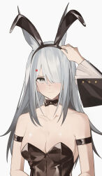 Rule 34 | 1girl, absurdres, anger vein, animal ear fluff, animal ears, arknights, black bow, black bowtie, black leotard, blush, bow, bowtie, breasts, cleavage, extra ears, frostnova (arknights), grey eyes, grey hair, hair over one eye, highres, leotard, long hair, long sleeves, looking at viewer, medium breasts, out of frame, playboy bunny, quanx70909457, rabbit ears, rabbit girl, scar, scar on face, scar on nose, simple background, solo focus, strapless, strapless leotard, upper body, white background