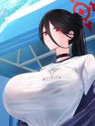 Rule 34 | 1girl, absurdres, aoi riko, black hair, blue archive, blush, bra, breasts, choker, cleavage, clothes writing, duplicate, gym uniform, hair between eyes, halo, hasumi (blue archive), hasumi (track) (blue archive), highres, huge breasts, jacket, long hair, looking at viewer, mole, mole under eye, official alternate costume, open clothes, open jacket, parted lips, pixel-perfect duplicate, red eyes, see-through, see-through shirt, shirt, sign, solo, stairs, sweat, underwear, upper body, white shirt