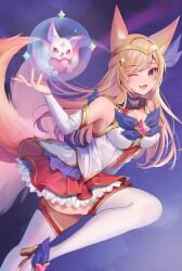 Rule 34 | 1girl, ;d, ahri (league of legends), animal, animal ears, ass, bare shoulders, black choker, blonde hair, blue eyes, breasts, choker, cleavage, detached sleeves, fang, fox ears, fox tail, frilled skirt, frills, gem, hair ornament, heart, highres, knee up, large breasts, league of legends, long hair, miniskirt, momoirone, multiple tails, one eye closed, open mouth, pleated skirt, red skirt, skirt, smile, solo, space, star (symbol), star guardian (league of legends), star guardian ahri, star hair ornament, tail, white sleeves