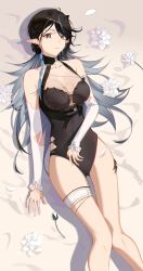 Rule 34 | 1girl, absurdres, arknights, arm across waist, bare legs, bare shoulders, between breasts, black hair, black one-piece swimsuit, blacknight (arknights), blacknight (summer flower) (arknights), blue hair, braid, breasts, brown eyes, casual one-piece swimsuit, cleavage, collarbone, day, detached sleeves, feet out of frame, flower, from above, gluteal fold, grey hair, highres, jewelry, large breasts, long hair, long sleeves, lying, mole, mole on breast, multicolored hair, necklace, on back, on ground, one-piece swimsuit, outdoors, parted lips, pointy ears, sand, shiguangbai, side braid, swimsuit, thigh gap, thigh strap, white flower
