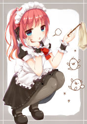 Rule 34 | 1girl, :o, absurdres, arm support, blue eyes, cleaning, duster, hand on own cheek, hand on own face, head rest, headrest, highres, long hair, looking at viewer, maid, maid headdress, mary janes, open mouth, original, pantyhose, ponytail, red hair, shoes, solo, squatting, wrist cuffs, yon (letter)
