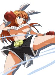 Rule 34 | 1girl, alternate costume, animal ears, belt buckle, blue eyes, boxing gloves, breasts, buckle, charlotte e. yeager, kicking, large breasts, long hair, orange hair, rabbit ears, rabbit girl, rabbit tail, solo, strike witches, sweat, tail, underboob, world witches series, yumekaranigeruna