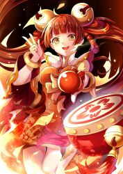 Rule 34 | 1girl, :d, absurdres, bell, blunt bangs, bracelet, breasts, brown hair, cowboy shot, dark background, dress, drum, drumsticks, fire, floating hair, gyaza, hair bell, hair ornament, hand up, heroes evolved, high collar, highres, holding, holding drumsticks, instrument, jewelry, lin lin (heroes evolved), long sleeves, looking at viewer, medium breasts, open mouth, orange dress, orange eyes, outstretched arm, reaching, reaching towards viewer, red nails, short dress, smile, solo, tassel, teeth, twintails, upper teeth only, w, wide sleeves