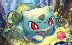 Rule 34 | :d, bright pupils, bulbasaur, claws, commentary request, creatures (company), day, ekusiun, fangs, forest, game freak, gen 1 pokemon, grass, happy, nature, nintendo, no humans, open mouth, outdoors, plant, pokemon, pokemon (creature), red eyes, smile, solo, tongue, tree, vines, white pupils
