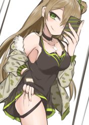 Rule 34 | 1girl, black choker, black gloves, black shirt, blush, bow, breasts, brown hair, camouflage, camouflage jacket, cellphone, choker, cleavage, closed mouth, clothes pull, collarbone, double bun, feet out of frame, fingerless gloves, fingernails, girls&#039; frontline, gloves, green eyes, hair bow, hair bun, highres, holding, holding phone, jacket, jacket pull, kuzumotsu, licking lips, long hair, looking at viewer, medallion, medium breasts, open clothes, open jacket, phone, rfb (girls&#039; frontline), selfie, shirt, simple background, smartphone, smile, solo, standing, tongue, tongue out