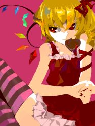 Rule 34 | 1girl, ann606, blush, candy, chocolate, chocolate heart, crystal, demon wings, dress, evil smile, female focus, flandre scarlet, food, heart, looking at viewer, mouth hold, red dress, red eyes, short hair, sitting, smile, solo, tegaki, touhou, wings