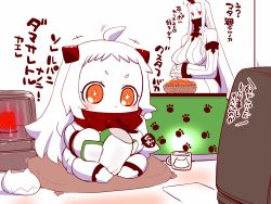 Rule 34 | 10s, 2girls, abyssal ship, ahoge, claws, colored skin, comic, covered mouth, detached sleeves, dress, horns, kantai collection, long hair, mittens, multiple girls, northern ocean princess, orange eyes, red eyes, sako (bosscoffee), seaport princess, single horn, sitting, translation request, white dress, white hair, white skin