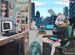 Rule 34 | 1girl, animated, backpack, bag, cat, clock, computer, desk, drinking, game console, godzilla, headphones, keyboard (computer), original, pixel art, plant, potted plant, shibairo, sitting, tagme, video, white cat, white hair, window