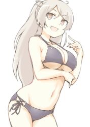 Rule 34 | 1girl, akara kai, bikini, black bikini, breasts, brown eyes, cleavage, conte di cavour (kancolle), cowboy shot, grey hair, highres, kantai collection, large breasts, long hair, official alternate costume, side-tie bikini bottom, simple background, smile, solo, swimsuit, two side up, white background