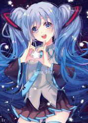 Rule 34 | 1girl, absurdres, blue eyes, blue hair, cowboy shot, detached sleeves, hatsune miku, heart, heart hands, highres, long hair, matching hair/eyes, necktie, open mouth, shanguier, skirt, solo, star (symbol), thighhighs, twintails, very long hair, vocaloid