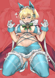 Rule 34 | 1girl, absurdres, animal ears, bell, bikini, blonde hair, blue eyes, blue thighhighs, blush, bow, bowtie, breasts, cape, cat ears, claw pose, condom, condom wrapper, cross, cross earrings, earrings, fur-trimmed gloves, fur-trimmed legwear, fur trim, girls&#039; frontline, gloves, hair ornament, heart, high heels, highres, hood, hooded cape, jewelry, kneeling, large breasts, maid headdress, mole, mole on breast, mole under eye, mouth hold, o-ring, official alternate costume, persocon93, red background, red cape, short hair, snowflake hair ornament, solo, swimsuit, thighhighs, vsk-94 (christmas eve detective) (girls&#039; frontline), vsk-94 (girls&#039; frontline), white footwear, white gloves
