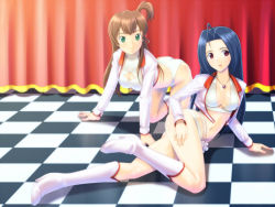 Rule 34 | 2girls, ahoge, all fours, arm support, blue hair, boots, breasts, brown hair, cleavage, cleavage cutout, clothing cutout, green eyes, high heels, idolmaster, idolmaster (classic), jewelry, large breasts, long hair, lying, midriff, miura azusa, muhi11234, multiple girls, necklace, red eyes, sakurai yumeko, shiny skin, shoes, side ponytail