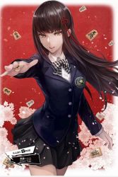Rule 34 | 10s, 1girl, black hair, female focus, floral background, flower, jpeg artifacts, long hair, looking at viewer, omoti (1201208), open mouth, persona, persona 5, school uniform, solo, tougou hifumi, uniform