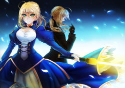 Rule 34 | 2girls, ahoge, artoria pendragon (all), artoria pendragon (fate), bad id, bad pixiv id, blonde hair, dress, dual persona, excalibur (fate/stay night), fate/stay night, fate/zero, fate (series), formal, gloves, glowing, glowing sword, glowing weapon, green eyes, hair ribbon, highres, kishichi, long hair, multiple girls, pant suit, pants, petals, ponytail, ribbon, saber (fate), suit, sword, weapon