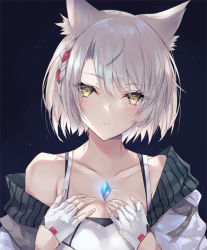 Rule 34 | 1girl, animal ears, camisole, cat ears, cat girl, chest jewel, fingerless gloves, gem, gloves, inoue takuya (tactactak), jacket, mio (xenoblade), shoulder strap, solo, tank top, white camisole, white gloves, white jacket, white tank top, xenoblade chronicles (series), xenoblade chronicles 3, yellow eyes