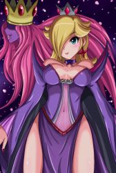 Rule 34 | 2girls, alternate costume, blonde hair, breasts, closed mouth, colored skin, covered navel, crown, dark persona, earrings, gem, jewelry, large breasts, lips, mario (series), multiple girls, navel, nintendo, open mouth, paper mario, paper mario: the thousand year door, purple skin, rosalina, shadow queen, sigurd hosenfeld, smile, super mario bros. 1, super mario galaxy, teeth, thighs