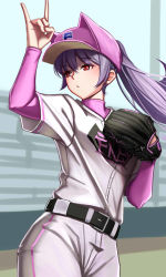 Rule 34 | 1girl, \n/, animal hat, arm up, baseball cap, baseball glove, baseball uniform, belt, belt buckle, blush, buckle, cat hat, closed mouth, clothes writing, commentary request, cowboy shot, day, dydydyok, hand on own chest, hat, long hair, long sleeves, looking away, looking to the side, original, outdoors, pink hat, ponytail, purple hair, red eyes, solo, sportswear