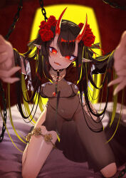 Rule 34 | 1girl, bikini, bikini under clothes, black bikini, black choker, black hair, blurry, blurry background, blurry foreground, blush, breasts, capelet, chain, choker, cluseller, dress, fangs, flower, highleg, highleg bikini, highres, horns, kneehighs, long hair, looking at viewer, navel, oni horns, open mouth, original, pointy ears, reaching, reaching towards viewer, red eyes, red horns, rose, see-through, see-through dress, small breasts, socks, swimsuit, thighlet, toned