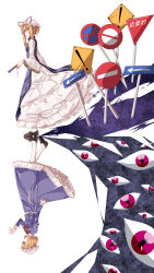Rule 34 | !, 2girls, absurdres, blonde hair, bow, bowtie, brown footwear, closed mouth, collar, collared dress, commentary request, crying, crying with eyes open, diao ye zong, disembodied eye, dress, dual persona, expressionless, folded fan, folding fan, frilled dress, frilled hat, frills, from side, full body, gap (touhou), hand fan, hat, hat ribbon, highres, holding, holding fan, juliet sleeves, loafers, long dress, long sleeves, looking at hand, looking at viewer, lyrics, maribel hearn, medium dress, mob cap, multiple girls, outstretched hand, pleated skirt, puffy sleeves, purple dress, purple eyes, purple sleeves, purple tabard, red bow, red bowtie, red ribbon, redrawn, ribbon, road sign, shoes, short hair, short hair with long locks, sidelocks, sign, simple background, skirt, sleeve garter, socks, standing, streaming tears, tabard, tears, touhou, translated, upside-down, white background, white collar, white dress, white garter, white hat, white sleeves, white socks, wide-eyed, wide sleeves, yakumo yukari, yatsuki (yaduki 0815)