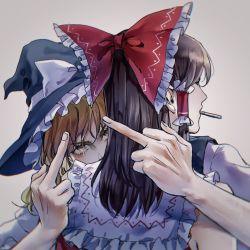 Rule 34 | 2girls, aihara-rina, hug, black headwear, blonde hair, bow, brown hair, cigarette, commentary request, double middle finger, eyelashes, facing away, frilled bow, frilled hair tubes, frilled shirt collar, frills, grey background, hair bow, hair tubes, hakurei reimu, hat, kirisame marisa, long hair, looking at viewer, medium hair, middle finger, multiple girls, nontraditional miko, red bow, red vest, sidelocks, simple background, smoking, standing, touhou, vest, witch hat, yellow eyes
