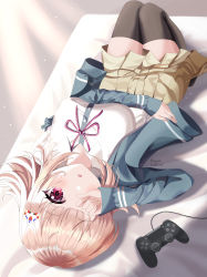 Rule 34 | 1girl, absurdres, alternate eye color, artist name, bad perspective, bed, black thighhighs, blush, breasts, brown skirt, collared shirt, commentary, danganronpa (series), danganronpa 2: goodbye despair, dress shirt, green jacket, hair ornament, hand over eye, highres, jacket, knees up, large breasts, light brown hair, long sleeves, lying, najwa ibrahimi, nanami chiaki, neck ribbon, on bed, one eye closed, open mouth, pink eyes, playstation controller, pleated skirt, red eyes, red ribbon, ribbon, shirt, skirt, solo, thighhighs, white shirt