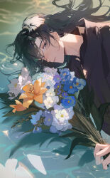 Rule 34 | 1boy, bishounen, blue hair, bouquet, chinese clothes, code: kite, dark blue hair, flower, flower on liquid, fu rong (code: kite), hair down, hanfu, highres, holding, holding bouquet, looking at viewer, lying on water, male focus, partially submerged, partially underwater shot, ripples, shallow water, solo, sta starry, water, waves
