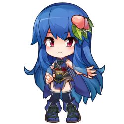 Rule 34 | 1girl, alternate costume, armor, black thighhighs, blue footwear, blue hair, chibi, closed mouth, food-themed hair ornament, full body, hair ornament, hinanawi tenshi, leaf, long hair, looking at viewer, peach hair ornament, red eyes, simple background, skartinova, smile, solo, thighhighs, touhou, very long hair, white background