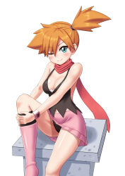 Rule 34 | 1girl, ;), alternate breast size, black panties, blush, boots, breasts, cleavage, commentary request, cosplay, creatures (company), dawn (pokemon), dawn (pokemon) (cosplay), els (ljhlee12), game freak, green eyes, kneehighs, medium breasts, misty (pokemon), nintendo, one eye closed, one side up, orange hair, panties, pink footwear, pokemon, pokemon (anime), pokemon (classic anime), pokemon dppt (anime), scarf, shiny skin, shirt, sitting, skirt, sleeveless, sleeveless shirt, smile, socks, solo, torn clothes, torn shirt, underwear, white background