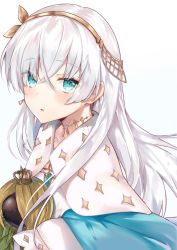 Rule 34 | 1girl, absurdres, anastasia (fate), blue eyes, blush, capelet, commentary request, crossed bangs, fate/grand order, fate (series), from side, grey hair, hairband, highres, long hair, long sleeves, looking at viewer, looking to the side, nana kagura, parted lips, simple background, solo, upper body, white background, white hair