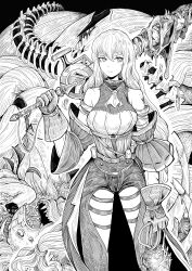 Rule 34 | 1girl, absurdres, belt, blood, bloody weapon, breasts, copyright request, creature, extra eyes, fol463, gloves, greyscale, heart, heart (organ), highres, holding, holding heart, holding sword, holding weapon, long hair, looking at viewer, medium breasts, monochrome, monster, open mouth, skadi (arknights), skadi (elite ii) (arknights), spine, sword, weapon