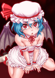 Rule 34 | 1girl, bad id, bad pixiv id, bare shoulders, bat wings, blue hair, boots, bow, dress, female focus, flat chest, footwear bow, frilled dress, frills, hat, hat ribbon, lips, looking up, mami10, parted lips, red bow, red eyes, red ribbon, remilia scarlet, ribbon, shoes, sitting, slit pupils, solo, touhou, wariza, wings, wrist cuffs