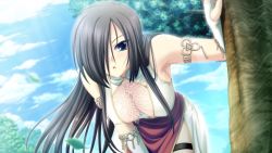 Rule 34 | 1girl, armlet, bent over, blue eyes, blue sky, breasts, cloud, day, dress, elbow gloves, fingerless gloves, game cg, gloves, grey hair, hair over one eye, hatozuki tsumiki, ikusa megami verita, large breasts, leaf, long hair, looking at viewer, luna-clia, open mouth, outdoors, side slit, sky, sleeveless, sleeveless dress, solo, straight hair, thigh strap, very long hair, white dress, white gloves