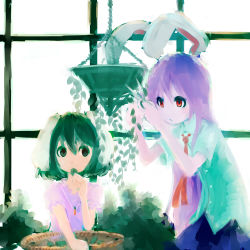 Rule 34 | 2girls, animal ears, black hair, rabbit ears, carrot, carrot necklace, eating, faux traditional media, gardening, highres, inaba tewi, jewelry, long hair, multiple girls, necklace, necktie, purple hair, reisen udongein inaba, sakana (packetsjp), scissors, short hair, touhou