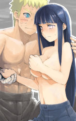 Rule 34 | 1boy, 1girl, abs, aqua eyes, bad id, bad pixiv id, bandaged arm, bandages, blonde hair, blue eyes, blue hair, blush, breasts, couple, covering privates, covering breasts, embarrassed, hetero, highres, hime cut, holding hands, hyuuga hinata, long hair, muscular, naruto: the last, naruto (series), purple eyes, short hair, spiked hair, sweat, toned, topless, topless male, uzumaki naruto, waka999 2005