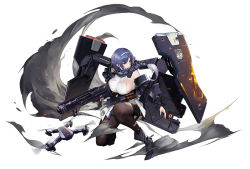 Rule 34 | 1girl, ankle boots, black footwear, boots, braid, breasts, brown pantyhose, drone, full body, girls&#039; frontline, gun, hair over mouth, hairband, high heel boots, high heels, highres, holding, holding gun, holding weapon, large breasts, long hair, pandea work, pantyhose, purple eyes, purple hair, rifle, shield, shirt, simple background, smile, solo, torn clothes, torn pantyhose, weapon, white background, white shirt