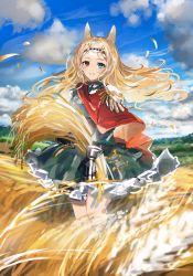 Rule 34 | 1girl, animal ears, archetto (arknights), arknights, bad id, bad twitter id, blonde hair, blue eyes, capelet, epaulettes, gawako, heterochromia, highres, holding, long hair, parted lips, red capelet, red eyes, skirt, solo, wavy hair, wheat, wheat field