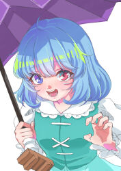 Rule 34 | 0002koko, 1girl, :d, absurdres, ahoge, blue eyes, blue hair, blue vest, blush, claw pose, commentary, eyelashes, eyes visible through hair, frilled shirt collar, frills, hair between eyes, hands up, heterochromia, highres, holding, holding umbrella, long sleeves, looking at viewer, medium hair, open mouth, purple umbrella, red eyes, round teeth, shirt, simple background, smile, solo, tatara kogasa, teeth, touhou, umbrella, upper body, vest, white background, white shirt