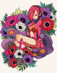 Rule 34 | 1girl, anemone (flower), blue eyes, blue neckerchief, commentary request, curly eyebrows, dress, flower, gloves, hair over one eye, headphones, highres, invisible chair, looking at viewer, low neckline, medium hair, neckerchief, noise pp, one piece, pink flower, pink hair, purple flower, red flower, sitting, solo, vinsmoke reiju, white flower, wings