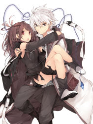 Rule 34 | 1boy, 1girl, akihabara dungeon bouken kitan, ass, bow, braid, brown eyes, brown hair, cape, carrying, character request, copyright request, cover image, detached sleeves, hair bow, hair ribbon, kuwashima rein, long hair, looking at viewer, official art, princess carry, ribbon, grey eyes, single braid, white hair