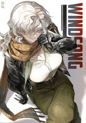 Rule 34 | 1girl, arm support, artist logo, belt, black belt, black gloves, black jacket, breasts, character name, cleavage, clenched hand, collared shirt, colored eyelashes, cowboy shot, crossed legs, curly hair, from above, gloves, green necktie, green pants, grin, hair over one eye, hand up, highres, jacket, leather, leather jacket, long hair, maruma gozu, mole, mole under mouth, necktie, open clothes, open jacket, pants, purple eyes, reverse:1999, scarf, shirt, shirt tucked in, sitting, smile, solo, undone necktie, white background, white hair, white shirt, windsong (reverse:1999), yellow scarf
