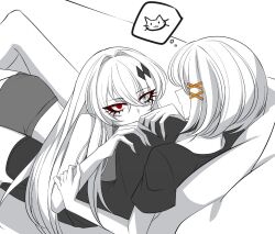 Rule 34 | 01pado pado, 2girls, alpha (punishing: gray raven), breasts, cat, couch, grey eyes, greyscale, hair between eyes, hair ornament, hands on another&#039;s chest, heterochromia, large breasts, long hair, lucia: crimson abyss (punishing: gray raven), medium hair, monochrome, multiple girls, on couch, punishing: gray raven, red eyes, rosetta (punishing: gray raven), shirt, shorts, spoken animal, spot color, very long hair, x hair ornament, yuri