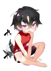Rule 34 | 1boy, black hair, blush, child, crossed ankles, eyebrows, fang, forked eyebrows, full body, hair between eyes, highres, looking at viewer, male focus, marui shiro, open mouth, original, purple eyes, ribbed sweater, simple background, sitting, solo, sweater, tail, tsurime, turtleneck, white background