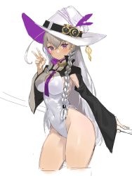 Rule 34 | 1girl, absurdres, ahoge, braid, breasts, c2h6o, closed mouth, commission, contrapposto, cosmos (minori), covered navel, cowboy shot, cropped legs, detached sleeves, hair between eyes, hat, highleg, highleg leotard, highres, large breasts, leotard, light smile, looking at viewer, multicolored hair, original, purple eyes, rostina cosmos, second-party source, side braid, silver hair, simple background, sketch, solo, streaked hair, thighs, v, white background, witch hat