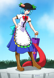 Rule 34 | 1girl, absurdres, black headwear, blue eyes, blue hair, blue skirt, blue sky, boots, bow, bowtie, brown footwear, center frills, cloud, collared shirt, commentary, commission, cosplay, english commentary, food, frills, fruit, full body, heterochromia, highres, hinanawi tenshi, hinanawi tenshi (cosplay), holding, holding umbrella, karakasa obake, leaf, outdoors, peach, purple umbrella, rakkidei, red bow, red bowtie, red eyes, shirt, short hair, short sleeves, skirt, sky, solo, standing, tatara kogasa, tongue, touhou, umbrella, white shirt
