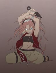 Rule 34 | 1girl, armpits, bandages, blue eyes, collarbone, cutting hair, cutting own hair, eyes visible through hair, female focus, frown, full body, furrowed brow, hand on own wrist, hands up, haruno sakura, headband, kunai, midriff, monochrome background, naruto, naruto (series), navel, ninja, open clothes, toeless footwear, open vest, pants, pink hair, sandals, shoes, solo, sports bra, vest, weapon, yamamoto souichirou