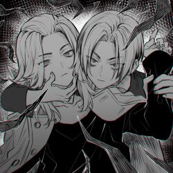 Rule 34 | 2boys, closed mouth, collarbone, empty eyes, grabbing another&#039;s chin, greyscale, hand on another&#039;s chin, hand up, highres, jacket, jacket on shoulders, long hair, long sleeves, looking at viewer, male focus, monochrome, multiple boys, nanin, sano manjirou, shirt, short hair, sleeves past wrists, tokyo revengers, upper body, v-shaped eyebrows
